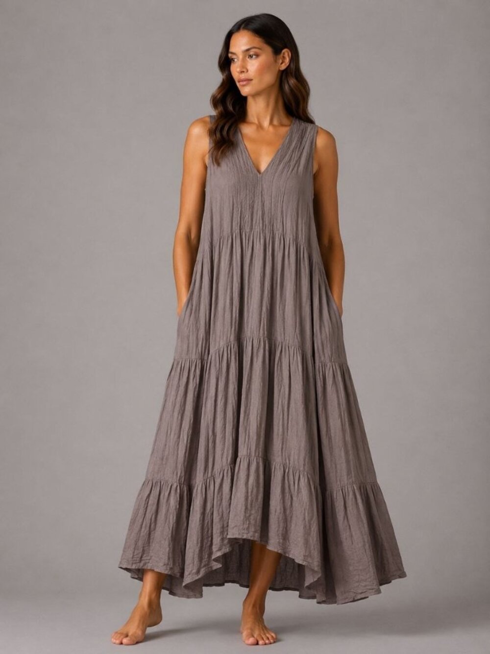 NEW Women’s Boho 100% Cotton Maxi Dress Taupe Lined V-Neck Pockets One Size